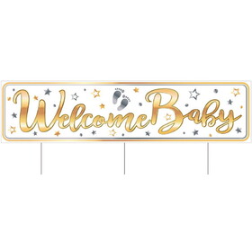 Beistle 53834 Plastic Jumbo Welcome Baby Yard Sign, tri-fold design; 3 metal stakes included; all-weather; assembly required, 11&#190;" x 3' 11"