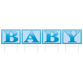 Beistle 53863-B Plastic Baby Yard Sign, blue; 4 individual signs create 1-6' yard sign; 4 metal H stakes included; all-weather; assembly required, 11&#189;" x 6'