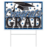 Beistle 53921-B Plastic Congrats Grad Yard Sign, blue; 1 metal H stake included; all-weather; assembly required, 11½