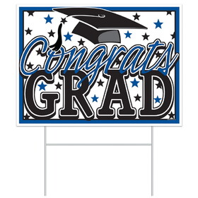 Beistle 53921-B Plastic Congrats Grad Yard Sign, blue; 1 metal H stake included; all-weather; assembly required, 11&#189;" x 15&#189;"