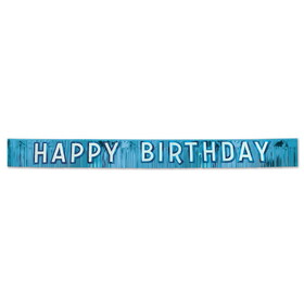Beistle 54164 Metallic Happy Birthday Banner, blue w/silver gltrd blue ltrs, 10" x 9'