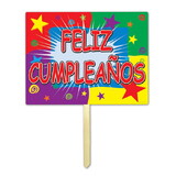 Beistle 55915 Plastic Feliz Cumpleanos Yard Sign, attached to 24 pine stake; all-weather, 11