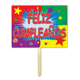 Beistle 55915 Plastic Feliz Cumpleanos Yard Sign, attached to 24 pine stake; all-weather, 11" x 15"