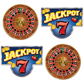 Beistle 56240 Cas Hang Roulette Wheels &Jackpot Signs, 4 ceiling hangers w/cord included; prtd 2 sides; assembly required; 2-24&#188; roulette wheels & 2-21&#188; x 28&#189; signs, Asstd