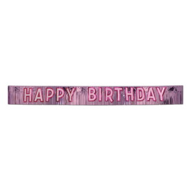 Beistle 57306 Metallic Happy Birthday Banner, pink w/silver gltrd pink ltrs, 10" x 9'