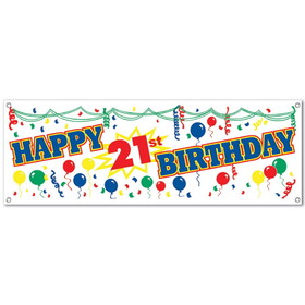 Beistle 57640-21 Happy 21st Birthday Sign Banner, indoor & outdoor use; 4 grommets, 5' x 21"