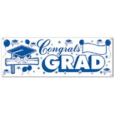 Beistle 57647-BW Congrats Grad Sign Banner, blue & white; indoor & outdoor use; 4 grommets, 5' x 21