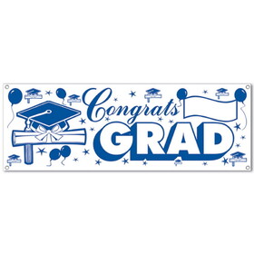 Beistle 57647-BW Congrats Grad Sign Banner, blue & white; indoor & outdoor use; 4 grommets, 5' x 21"