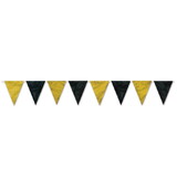 Beistle 59844-BKGD Black & Gold Pennant Banner, all-weather; 12 pennants/string, 11