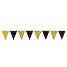 Beistle 59844-BKGD Black & Gold Pennant Banner, all-weather; 12 pennants/string, 11" x 12'