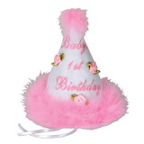 Beistle 60245 Baby's 1st Birthday Cone Hat, pink; medium head size w/ribbon ties, 6½