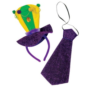 Beistle 60578 Mardi Gras Headband & Necktie Set, attached to snap-on headband; one size fits most; elastic attached
