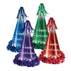 Beistle 60616 Fringed Foil Happy Birthday Party Hats, asstd colors; one size fits most w/elastic, 12&#189;"