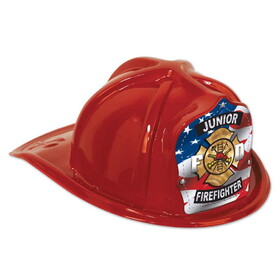 Beistle 66777-1 Red Plastic Jr Firefighter Hat, flag shield; medium head size; elastic attached