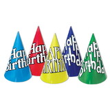 Beistle 66985 Happy Birthday Cone Hats, asstd designs; medium head size w/elastic attached, 6½