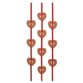 Beistle 70964 Heart Ribbon Stringers, prtd hearts strung on red satin ribbon, 4'