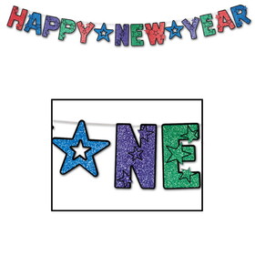 Beistle 80120 Glittered Happy New Year Streamer, multi-color, 8&#189;" x 8'