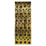Beistle 80340-BKGD 1-Ply Gleam 'N Curtain, gold w/prtd black stars; prtd 2 sides, 8' x 3'