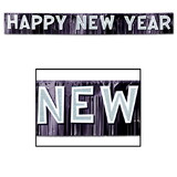 Beistle 80354-BKW Metallic Happy New Year Banner, black w/silver gltrd white ltrs, 10