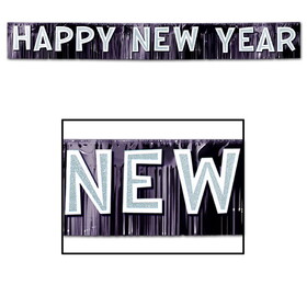 Beistle 80354-BKW Metallic Happy New Year Banner, black w/silver gltrd white ltrs, 10" x 9' 6"