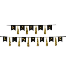 Beistle 88315-BKGD Happy New Year Tassel Streamer, black & gold; can use each piece separately or combine to create 1 streamer, 13" x 6' & 13" x 9'