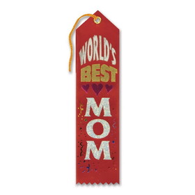Beistle AR120R World's Best Mom Award Ribbon, red, 2" x 8"