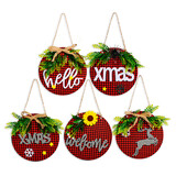 Aspire 5 Pcs Christmas Plaid Fabric Wooden Door Hanging Sign Holiday Ornament For Home Decoration