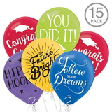 Amscan 107277 Multicolor Graduation Latex Balloons with Grad Sayings (15 Count) - NS