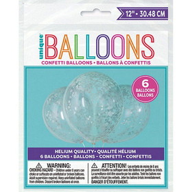 Unique Industries  BB134780  Clear Latex Balloons with Silver Confetti 12" 6ct - Pre-Filled, NS