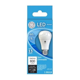 GE 61966 General Purpose LED, 9 W, 60 W Incandescent Equivalent, Medium Lamp Base, LED Lamp, A19 Shape
