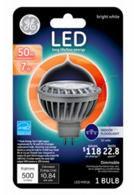GE 93095551 General Purpose LED, 6.5 W, 50 W Incandescent Equivalent, Medium Lamp Base, LED Lamp, MR16 Shape, 500 Lumens