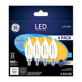 GE 93129333 Decorative LED Light Bulb, 5 W, 60 W Incandescent Equivalent, E12 Candelabra Lamp Base, LED Lamp, CAC, 500 Lumens