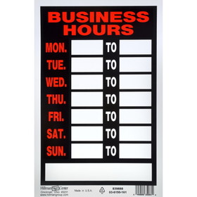 Hillman 839888 Business Hours Sign, Business Hours Header, Text, Plastic, 8 in Height, 12 in Width, Black/Red Legend/Background, English