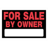 Hillman 839930 For Sale By Owner Sign, Text, Plastic, 8 in Height, 12 in Width, Black/Red Legend/Background, English
