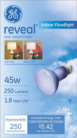 GE 73439 Floodlight, 45 W, E26 Medium Lamp Base, Halogen Lamp, BR20, 250 Lumens, 2550 K Color Temperature