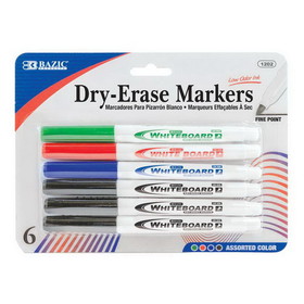 Bazic Products 1202 Assorted Color Fine Tip Dry-Erase Marker (6/Pack)