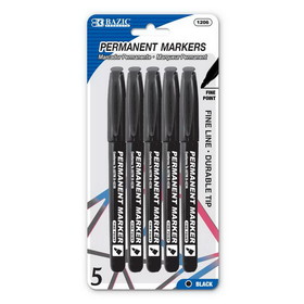 Bazic Products 1206 Black Fine Tip Permanent Markers w/ Pocket Clip (5/Pack)