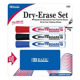 Bazic Products 1208 3 Assorted Color Chisel Tip Dry Erase Marker w/ Eraser