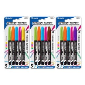 Bazic Products 1209 Bright Colors Fine Tip Permanent Markers w/ Pocket Clip (5/Pack)