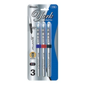 Bazic Products 1708 York Assorted Color Rollerball Pen w/ Grip (3/Pack)