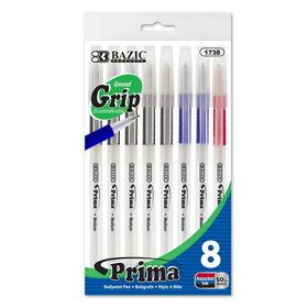Bazic Products 1738 Prima Assorted Color Stick Pen w/ Cushion Grip (8/Pack)