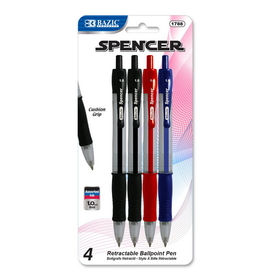 Bazic Products 1788 Spencer Assorted Color Retractable Pen w/ Cushion Grip (4/Pack)