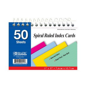 Bazic Products 511 50 Ct. Spiral Bound 3" X 5" Ruled Colored Index Card