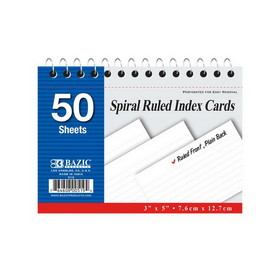 Bazic Products 519 50 Ct. Spiral Bound 3" X 5" Ruled White Index Card