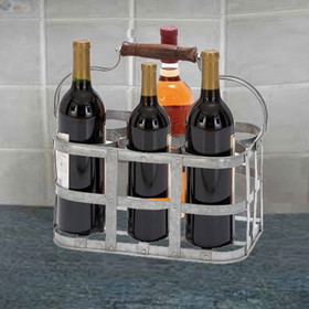 Benzara BM00224 Metal Strip Wine Holder With Wooden Handle And Six Bottles Storage, Gray