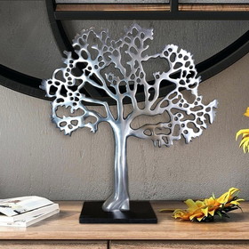 Benjara BM01183 Stylish Aluminum Tree Decor with Block Base, Silver and Black