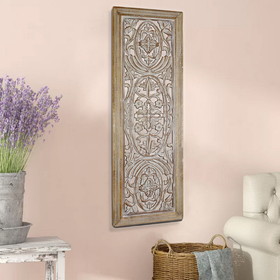 Benzara BM01908 Rectangular Mango Wood Wall Panel Hand Crafted With Intricate Carving, White and Brown