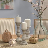 Benzara BM03604 Turned Design Wooden Candle Holder with Distressed Details, Set of 3, White