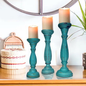 Benjara BM08016 Handmade Wooden Candle Holder with Pillar Base Support, Turquoise Blue, Set of 3