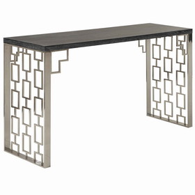 Benjara BM10114 Wooden Top Metal Console Table with Lattice Cut Side Panel, Gray and Silver